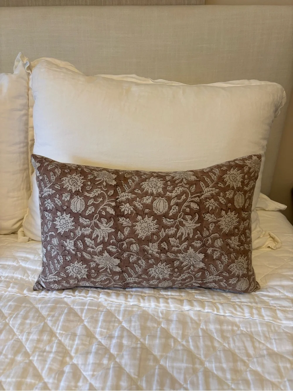 Neutral White Quilted Bedding Set with Brown Floral Accent Pillows